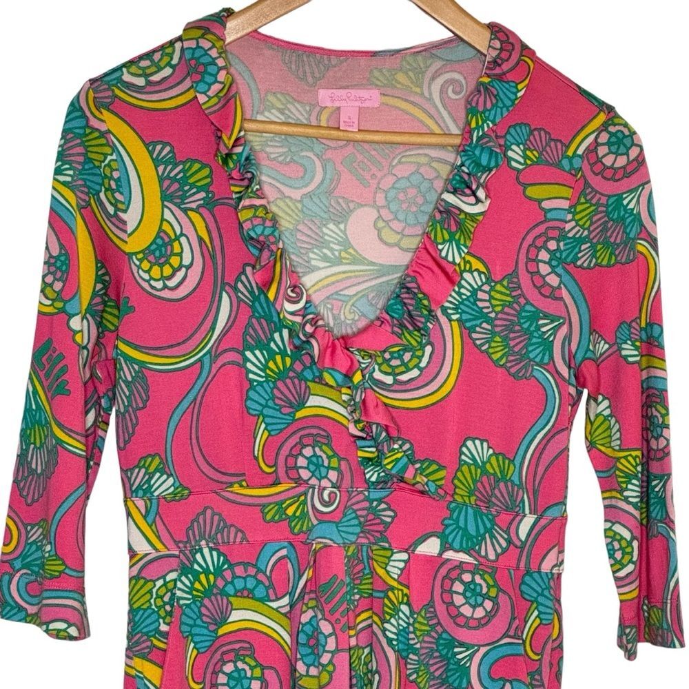 Lilly Pulitzer Silk Cotton Dress Groovy Pink 60s Inspired Logo Size Small